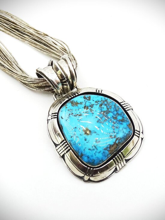 Native American Jewelry - JOHNNY WATSON Sterling Silver Kingman Turquoise Pendant & Liqued Silver Necklace